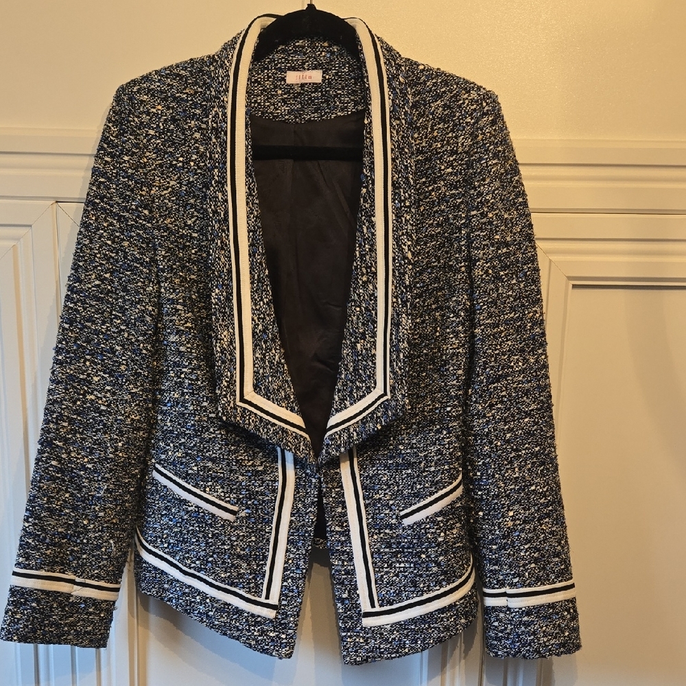 IiJin Jin Elegant Women's Tweed Blazer - Black and Blue With Stripe Medium